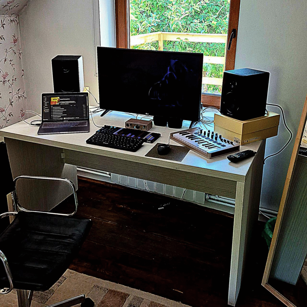 Estudio de m&uacute;sica port&aacute;til con ordenador, controlador, interfaz de audio y secuenciador